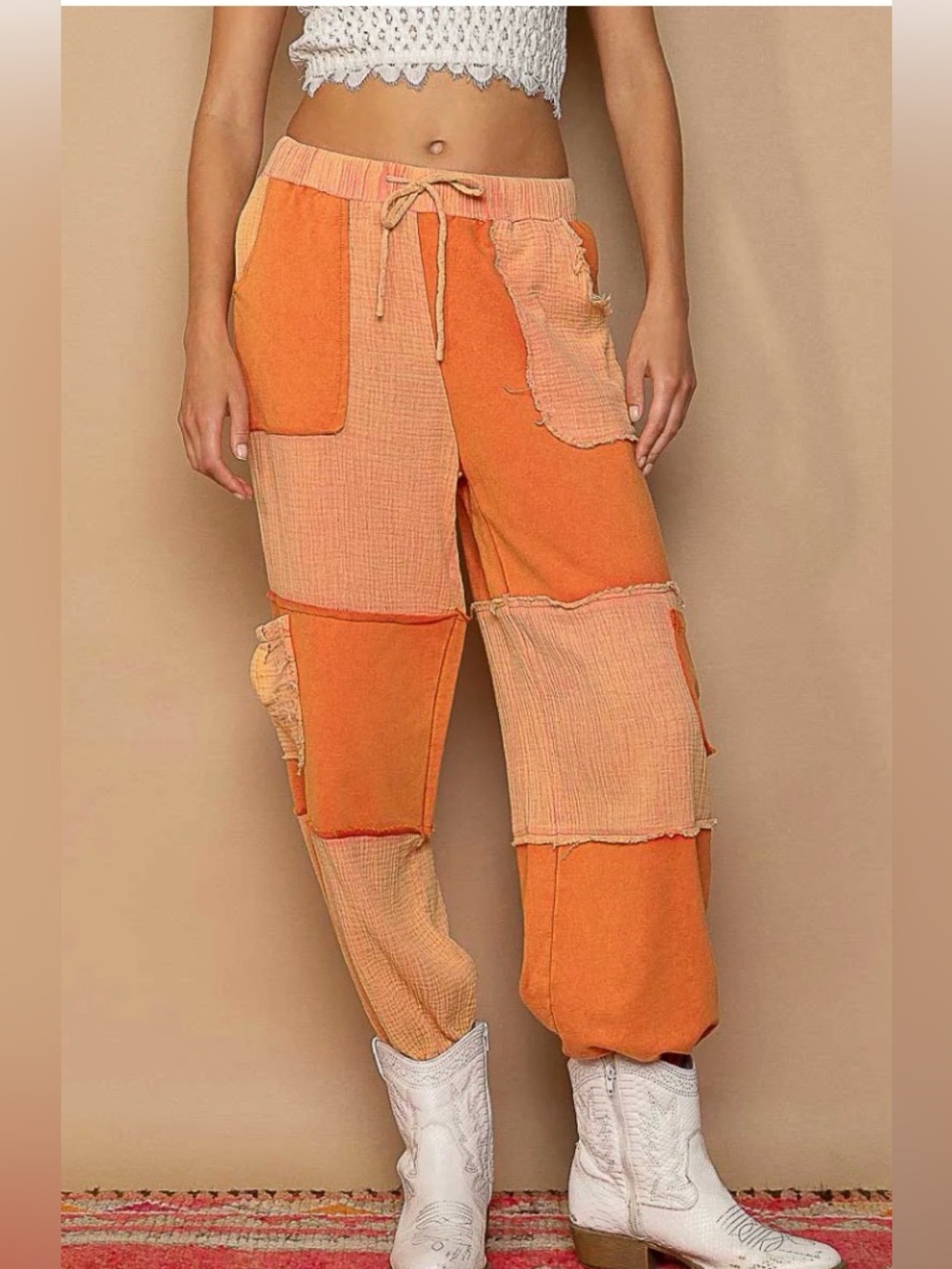 NWT POL Two-Tone Orange Patchwork Joggers